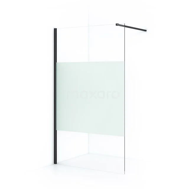Frosted glass shower screen with black frame, modern industrial style, ideal for sleek and stylish bathroom design.