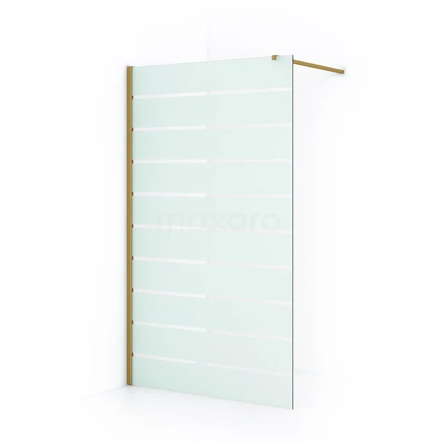 Glass shower screen with matte white stripes, gold-coloured profile, ideal for modern bathroom design.