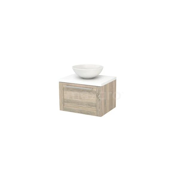Wooden bathroom unit with beige front, white ceramic countertop wash basin and sleek design for a modern bathroom.