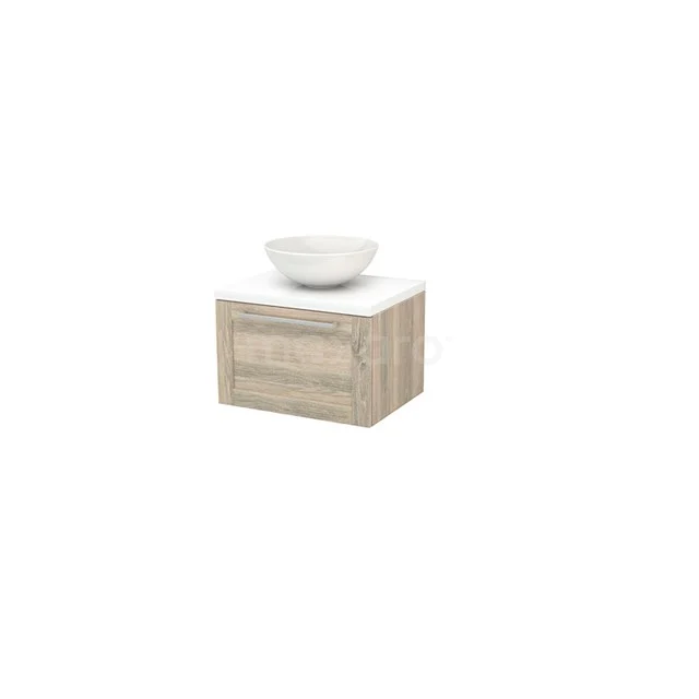 Wooden bathroom unit with drawers, countertop wash basin and white worktop, compact design, ideal for small bathrooms.