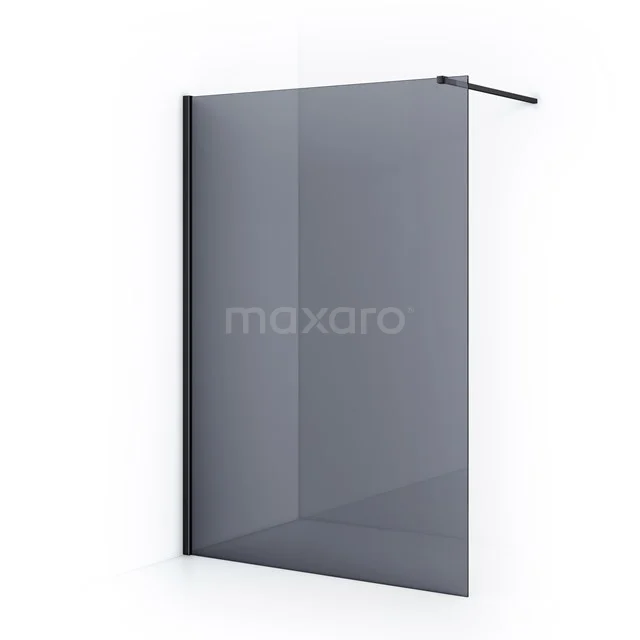 Black smoked glass walk-in shower enclosure with matte black profile, modern design, ideal for a stylish bathroom.