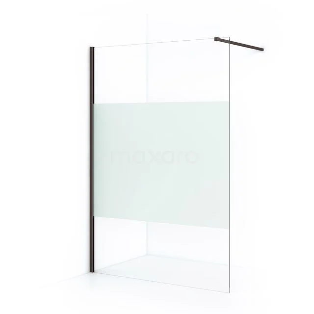 Shower screen with black metal profile, frosted glass panel and sleek design, ideal for modern bathroom fittings.