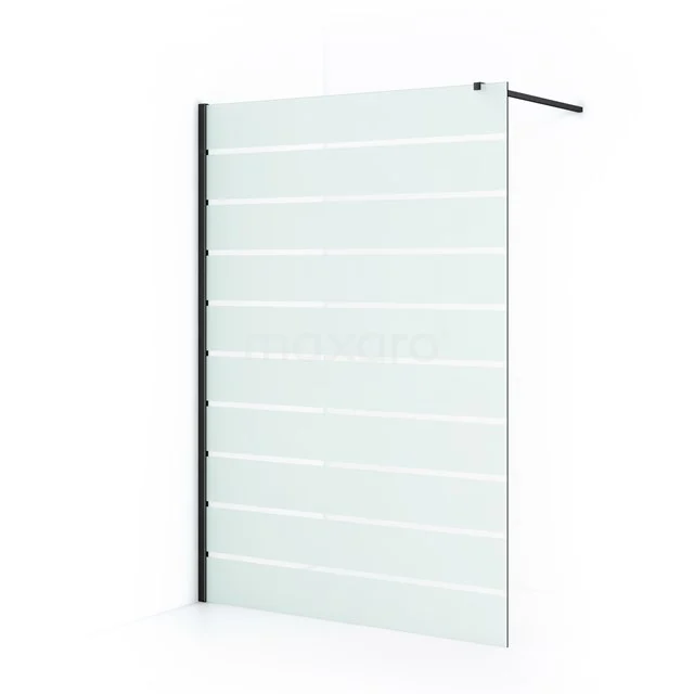 Glass shower screen with horizontal stripes, clear glass, black profile, ideal for modern bathroom layout.