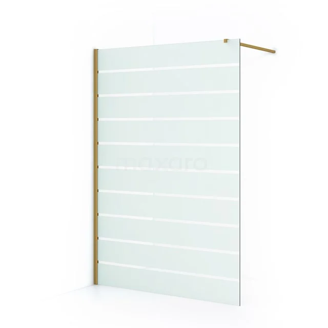Frosted glass shower screen with horizontal lines, gold profile and modern finish; stylish addition to your bathroom.