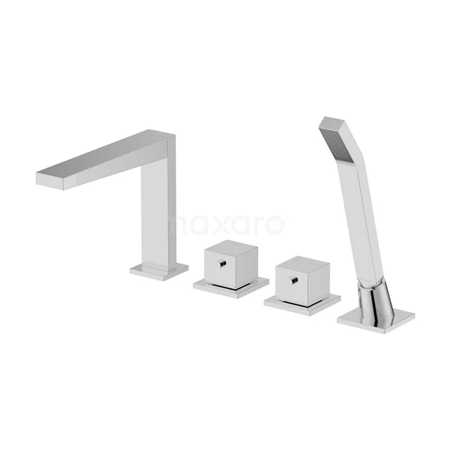 White four-piece bath tap set with modern corners, including handheld shower and cubic knobs, perfect for a stylish bathroom.