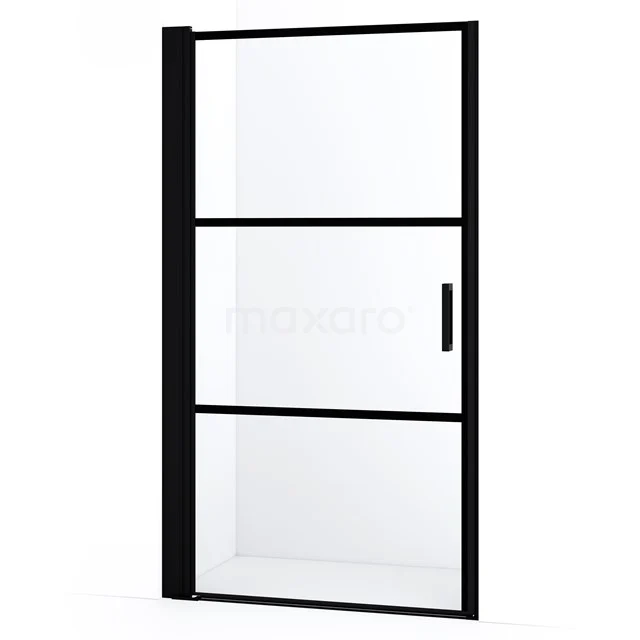 Schwarze industrielle Duschtür mit mattschwarzem Rahmen und Klarglas, geeignet für moderne Bäder.