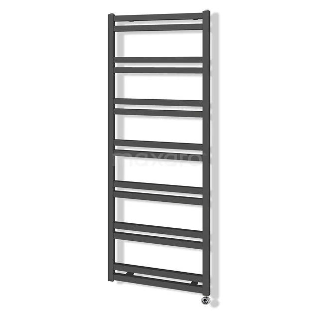 Zwarte handdoekradiator, verticale metalen design met horizontale spijlen, perfect voor moderne badkamerverwarming.