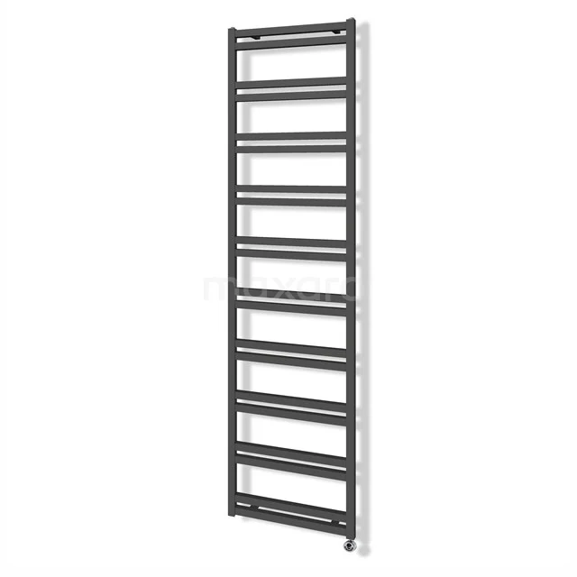 Black metal towel rail with eight shelves, ideal for modern bathrooms, sleek design and durable finish.