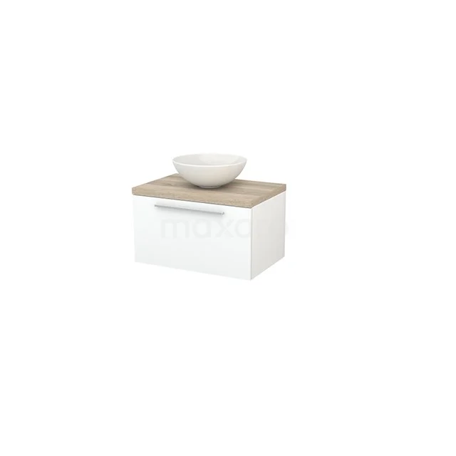 White hanging bathroom cabinet with wooden worktop and round basin, ideal for modern bathroom set-ups.