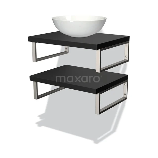 Schwarze Badmöbelset mit doppeltem Regal und weißer Keramikschale, modernes Design mit Edelstahlstützen.