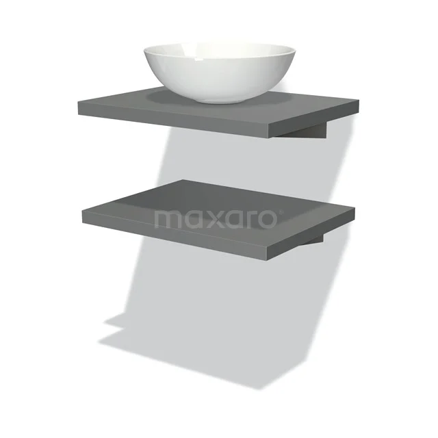 Graue schwebende Waschtischboard aus Holz mit weißem Aufsatzbecken, perfekt für moderne Bäder.