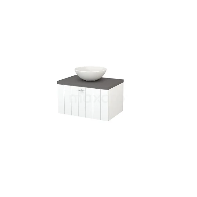White bathroom unit with black worktop, ceramic bowl, country style, ideal for a stylish bathroom layout.