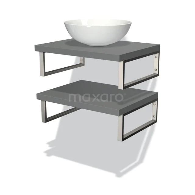 Graues Badezimmerregalset mit weißem Aufsatzwaschbecken, modernes Design, zwei Regale mit Metallhaltern, perfekt für Badezimmerlagerung.