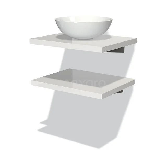 Modulo Plato Badmöbel mit Aufsatzwaschbecken | 60 cm Hochglanz Weiß front Hochglanz Weiß blatt 2 Waschtischplatten BMK06-00005 Weißes Badezimmermöbel ohne Hahnlöcher, mit modernem keramischen Aufsatzwaschbecken und zwei schwebenden Regalen aus hochglanz MDF.