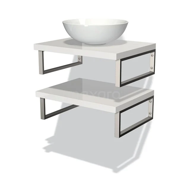 Weißes schwebendes Badezimmermöbel mit rundem Aufsatzwaschbecken, Metallrahmen und doppeltem Regal aus Hochglanzmaterial.