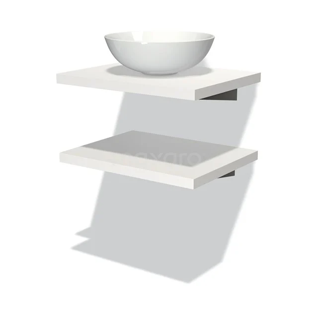 Weißes Holz-Badmöbel mit zwei Regalen und einem keramischen runden Waschbecken, schlankes und minimalistisches Design.