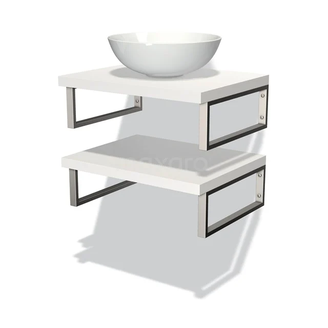 Weißes schwebendes Badmöbel mit runder Aufsatzwaschbecken, minimalistisches Design und schwarzen Metallakzenten.