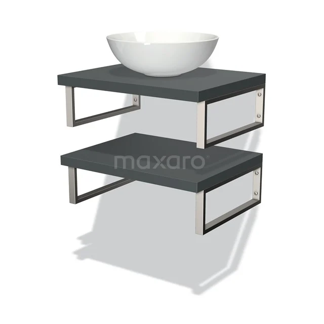 Badmöbel für Aufsatzwaschbecken 60 cm Modulo Plato Dunkelgrau 2 Waschtischplatten BMK06-00010 Schwebende Badmöbelset mit anthrazitfarbenem Holzregal, Metallrahmen und runder weißer keramischer Aufsatzwaschbecken.