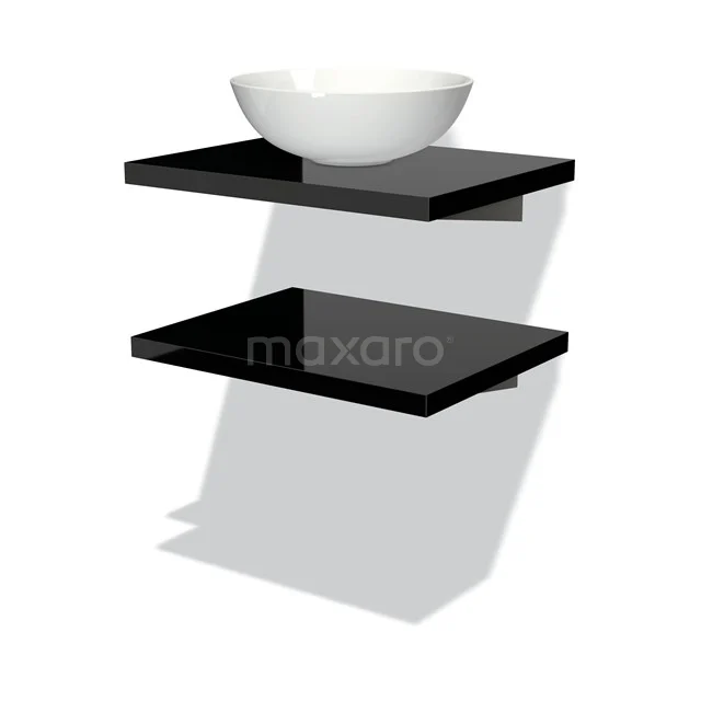 Badmöbel für Aufsatzwaschbecken 60 cm Modulo Plato Hochglanz Schwarz 2 Waschtischplatten BMK06-00011 Schwarz schwebendes Badezimmerregal mit klaren Linien, keramischem weißen Aufsatzwaschbecken und zusätzlichem Regal, perfekt für moderne Badezimmergestaltung.