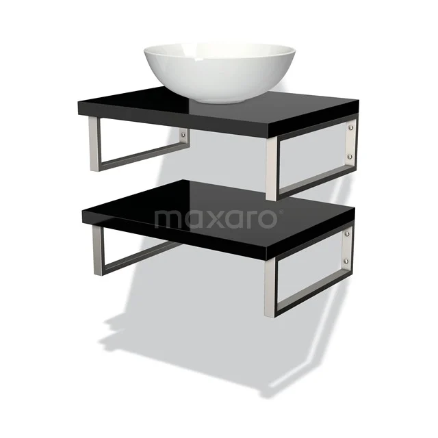Badmöbel für Aufsatzwaschbecken 60 cm Modulo Plato Hochglanz Schwarz 2 Waschtischplatten BMK06-00012 Schwarzes Waschtisch mit zwei glänzenden Holzregalen, chromenen Stützen und weißer schalenförmiger Waschbecken, ideal für moderne Bäder.