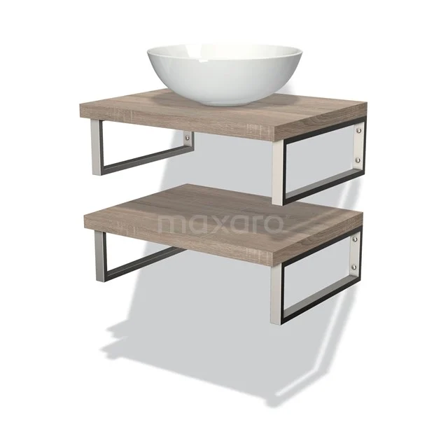 Badmöbel für Aufsatzwaschbecken 60 cm Modulo Plato Eiche 2 Waschtischplatten BMK06-00014 Holz Badezimmerregalset mit Metallrahmen und runder weißer Aufsatzwaschbecken, ideal für eine moderne und schlichte Badezimmergestaltung.