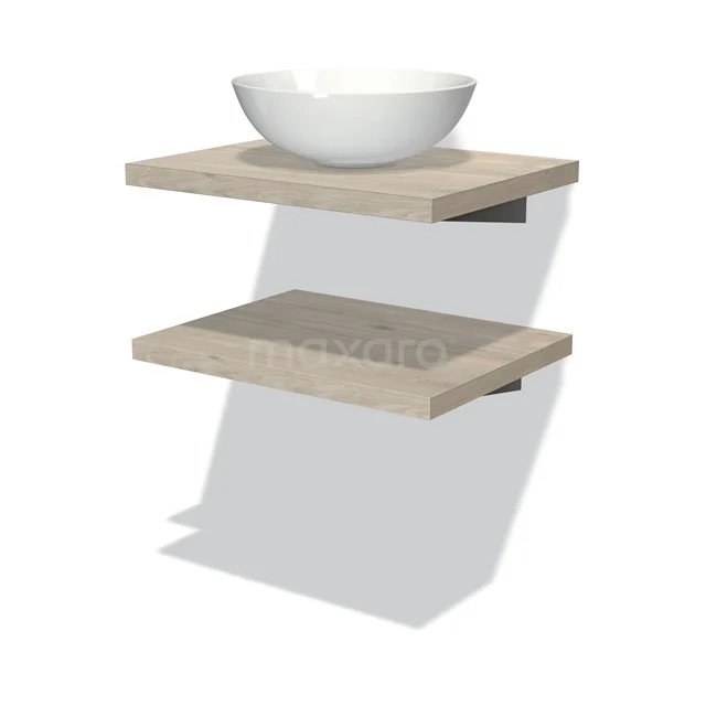 Hölzerne Badezimmerregalset mit weißer Schüssel, minimalistisches Design, ideal für moderne Bäder.