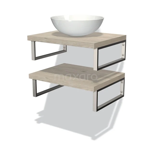 Wandregalset Badezimmer aus Holz mit Schwarz Metallrahmen, einschließlich runder weißer keramischer Aufsatzwaschbecken, modernes und minimalistisches Design.