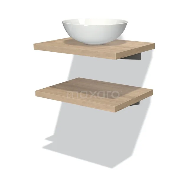 Modulo Plato Badmöbel mit Aufsatzwaschbecken | 60 cm Hellbraune Eiche front Hellbraune Eiche blatt 2 Waschtischplatten BMK06-00017 Hölzerne Badezimmerregalset mit keramischem weißen Waschbecken, modernes Design und schwebende Wandmontage für stilvolles Badezimmer.