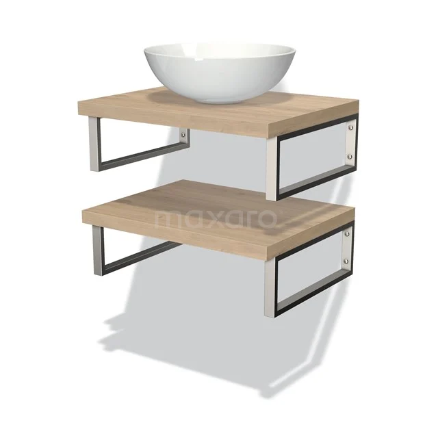 Zwei Holzregale mit Metallrahmen und einem weißen keramischen Waschbecken, perfekt als stilvolles Badmöbel.