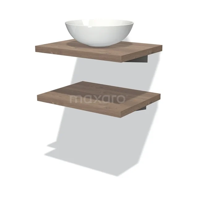 Badmöbel mit Konsole 60 cm Modulo Plato Mittelbraune Eiche 2 Waschtischplatten BMK06-00019 Wandregalset Holz mit Aufsatzwaschbecken, modernes Badezimmerdesign, schwebend, braune Eiche, perfekt zum Verstauen und stilvollen Bäder.