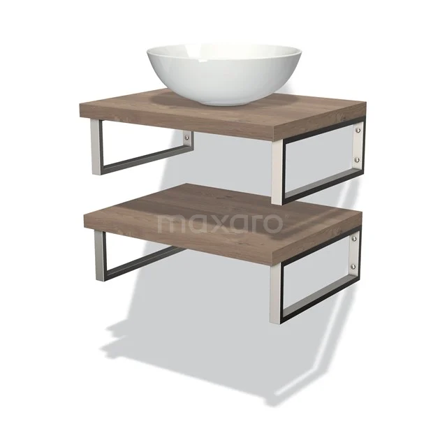 Wandmontiertes Badezimmermöbel mit Holzregalen, Metallrahmen und rundem weißen Aufsatzwaschbecken. Modernes Design, ideal für jedes Badezimmer.