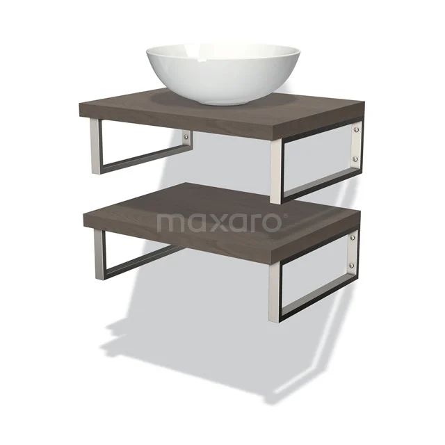 Wandmontierte Waschbecken-Set mit Holzoptik-Regalen, Metallrahmen und weißer Schüssel, perfekt für einen modernen Badezimmerstil.