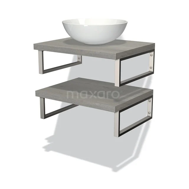 Grauer schwebender Waschbeckenunterschrank mit Metallrahmen und weißem Aufsatzwaschbecken, modernes Design, perfekt für ein stilvolles Badezimmer.