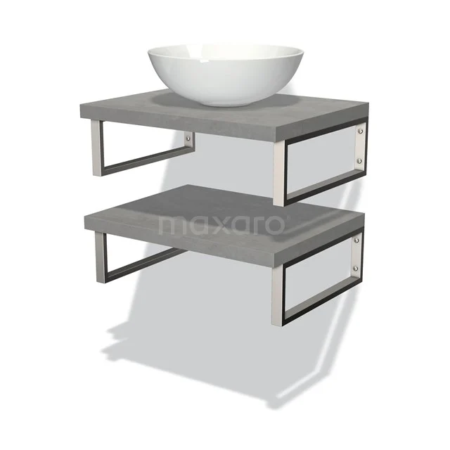 Badmöbel für Aufsatzwaschbecken 60 cm Modulo Plato hellgrauer Beton 2 Waschtischplatten BMK06-00026 Grau Beton Waschtisch mit zwei Regalen, Metallrahmen und rundem weißen Aufsatzwaschbecken; moderner Badezimmerstil.