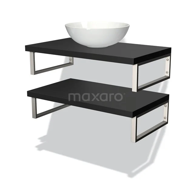 Moderne schwarze Waschbecken-Set mit schwebenden Regalen, einer weißen Aufsatzschale und chromatischen Stützen; stilvolles Badezimmerdesign.