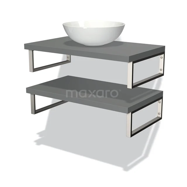 Graue Badezimmerregalset mit Metallhaltern und rundem Aufsatzwaschbecken, modernes Design und geeignet für jeden Badezimmerstil.