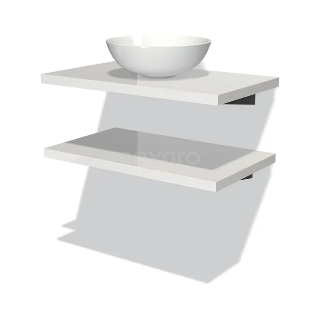 Weißes, minimalistisches Badmöbel mit zwei Regalen und einem runden Aufsatzwaschbecken; elegantes Design aus Hochglanzmaterial.