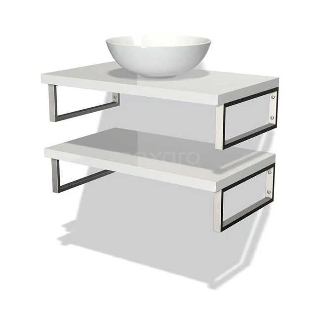 Weißes schwebendes Badmöbel mit mattschwarzen Stahlhaltern, zwei Regalen und einem runden Aufsatzwaschbecken, modernes Design.