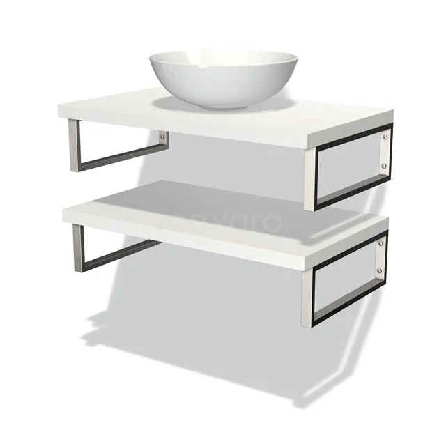 Badmöbel für Aufsatzwaschbecken 80 cm Modulo Plato Matt Weiß 2 Waschtischplatten BMK06-00036 Weißes Badmöbel mit metallischen Akzenten, offenen Regalen und rundem Waschbecken, elegantes Design für moderne Badezimmergestaltung.