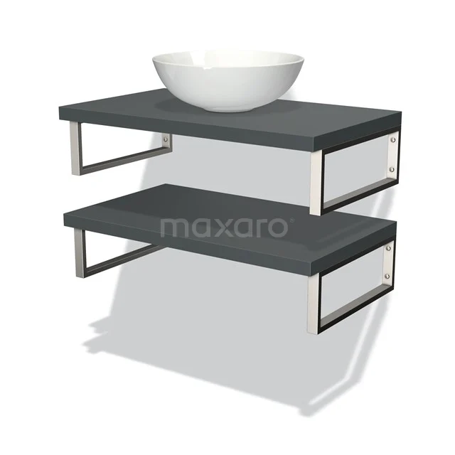 Graue schwebende Waschtischborde mit verchromten Stützen und weißer Keramikschüssel, ideal für moderne Badezimmergestaltung.