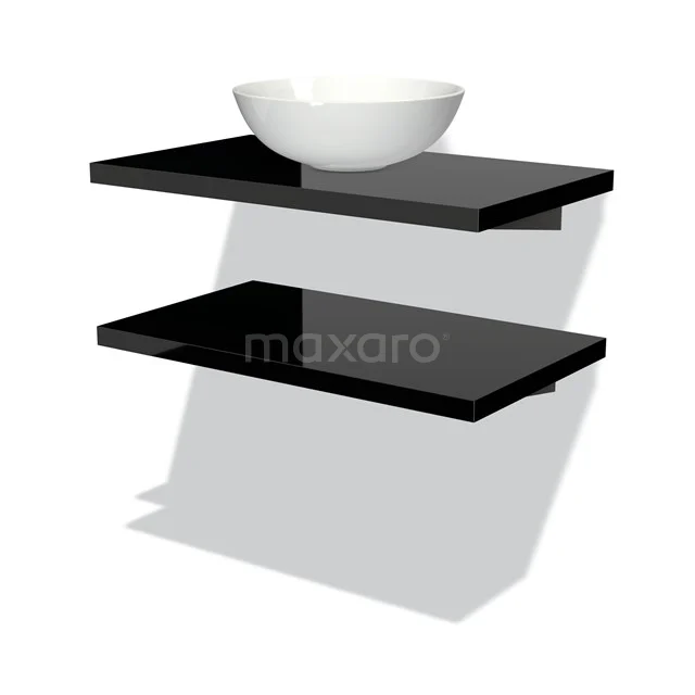 Schwarzes schwebendes Badezimmerregalset mit weißem keramischen Aufsatzwaschbecken, modernes Design und glänzender Oberfläche.