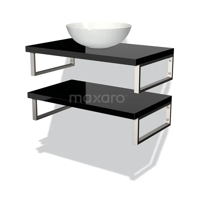 Modulo Plato Badmöbel mit Aufsatzwaschbecken | 80 cm Hochglanz Schwarz front Hochglanz Schwarz blatt 2 Waschtischplatten BMK06-00040 Schwarzes Badezimmerregalset mit weißem Waschbecken, modernes Design und Edelstahlrahmen, ideal für schlichte Badezimmerlayouts.