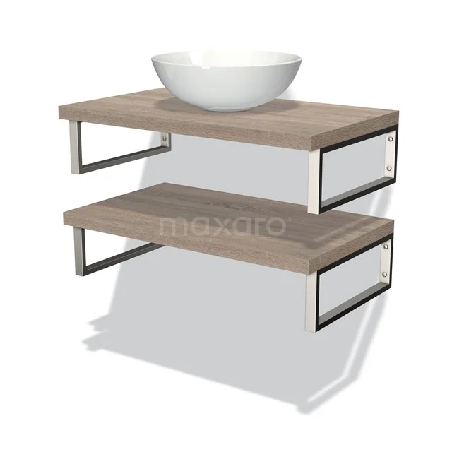 Hölzerne Badezimmerregalset mit Metallrahmen und weißer Keramikschüssel, modernes Design ideal für stilvolle Bäder.