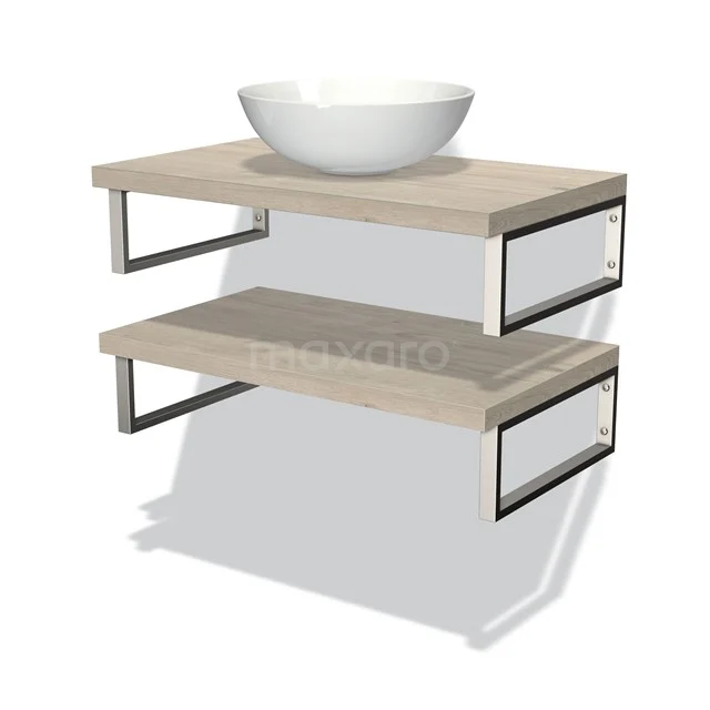 Waschtisch mit weißem Becken, Holzregalen und Metallrahmen, ideal für ein modernes Badezimmer.