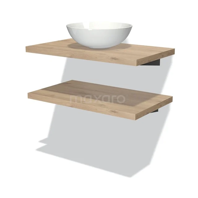 Holz-Waschtischboard mit weißem Aufsatzwaschbecken, minimalistisches Design für ein modernes Badezimmer.