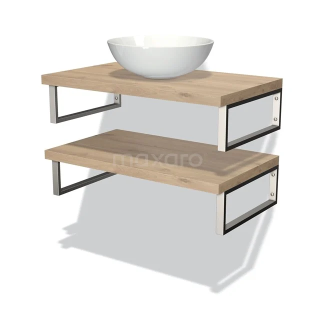 Wandregal Badezimmer Holzoptik mit mattschwarzen Halterungen, inklusive weißem Aufsatzwaschbecken; modernes Design für Waschtisch.