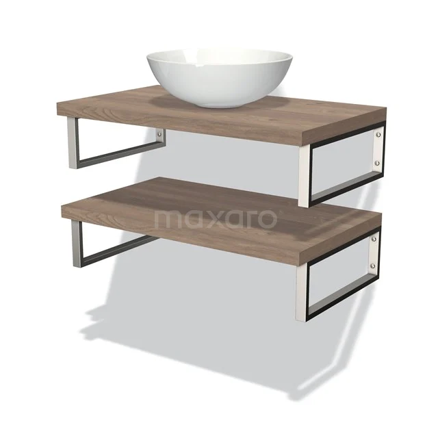 Hölzerne Waschtischboard-Set mit schwarzem Metallrahmen, einschließlich weißem keramischen Aufsatzwaschbecken, elegantes Design für moderne Bäder.