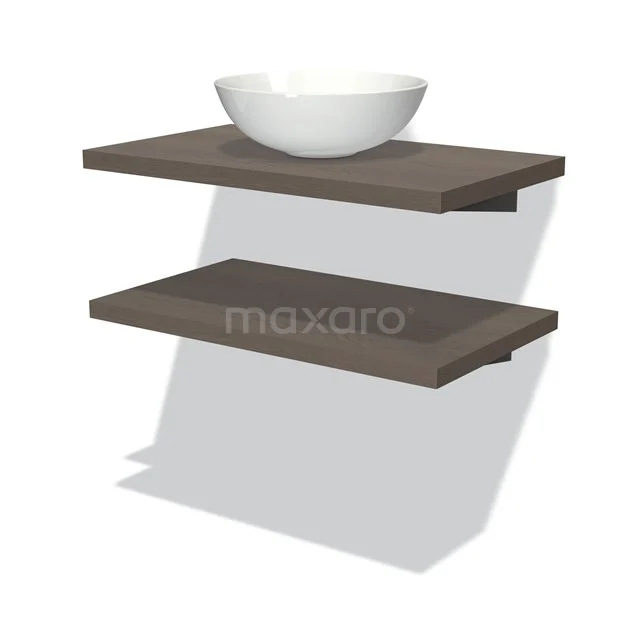 Dunkelholz schwebendes Waschtischboard mit weißem ovalem Aufsatzwaschbecken, ideal als stilvolle Badezimmerlösung.