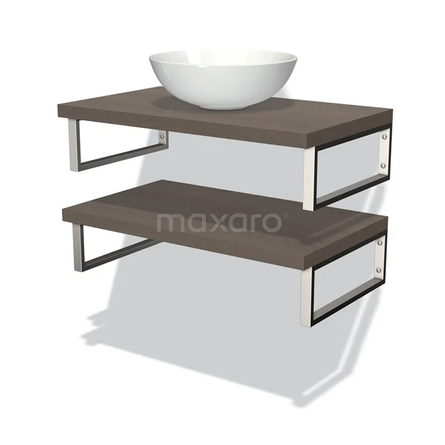 Wandregalset Holz-Optik mit Aufsatzwaschbecken, elegantes Design und rostfreie Details, ideal als moderne Badmöbellösung.