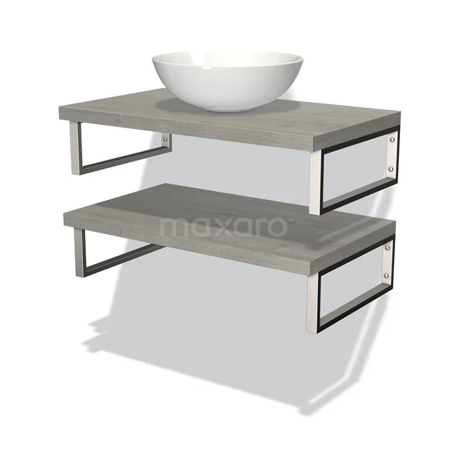 Graue Badmöbelset mit doppelten Holzregalen, schwarzen Metallrahmen und weißer Waschbecken, modernes Design für das Badezimmer.